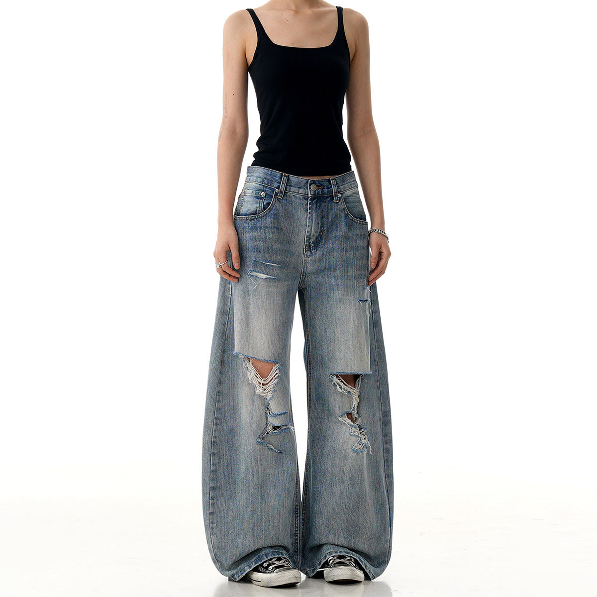 Vintage Ripped Denim Straight Leg Knife Pants