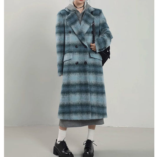 Korean Style Blue Plaid Woolen Overcoat for Women