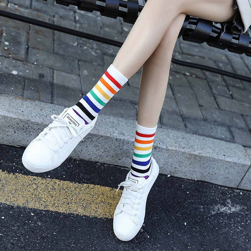 Rainbow Striped Funny Short Socks for Women
