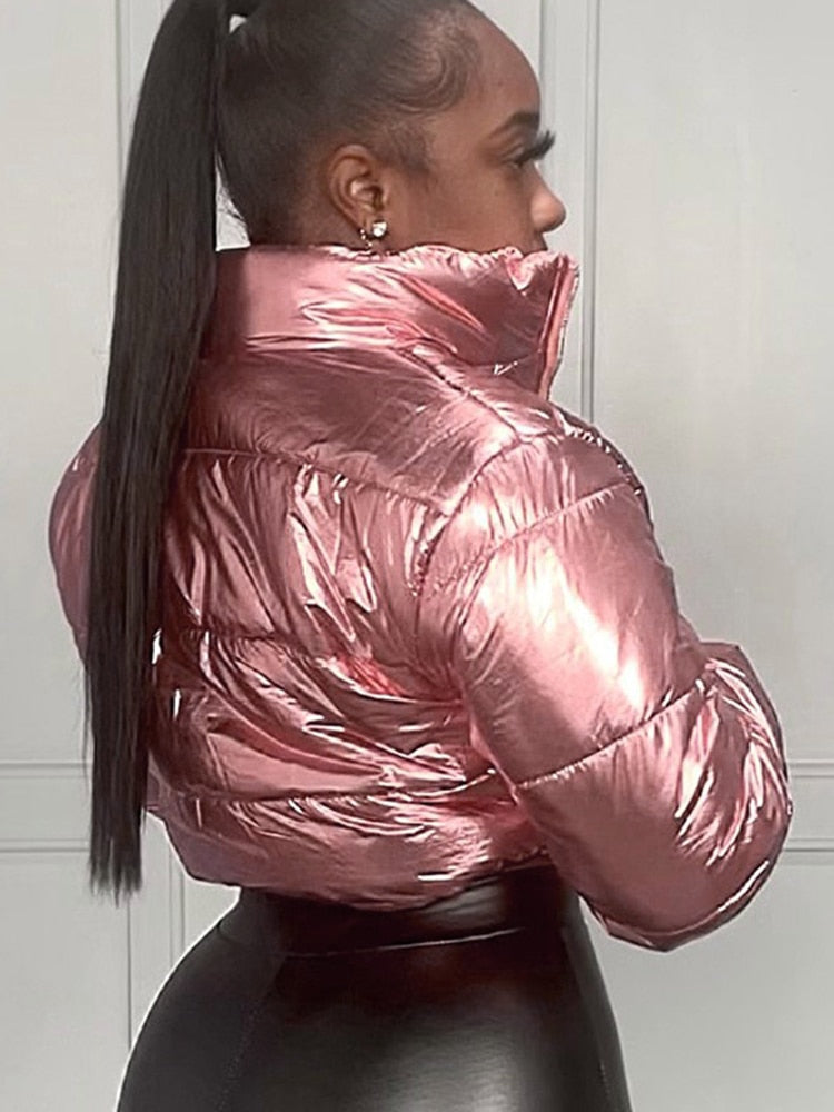 Harajuku Style Gloss Pink Lapel Cotton-Padded Jacket