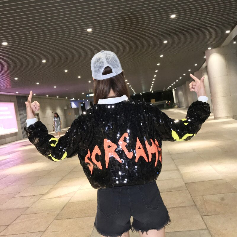 Harajuku Style Sequined Bomber Jacket - Multicolor Eye Design