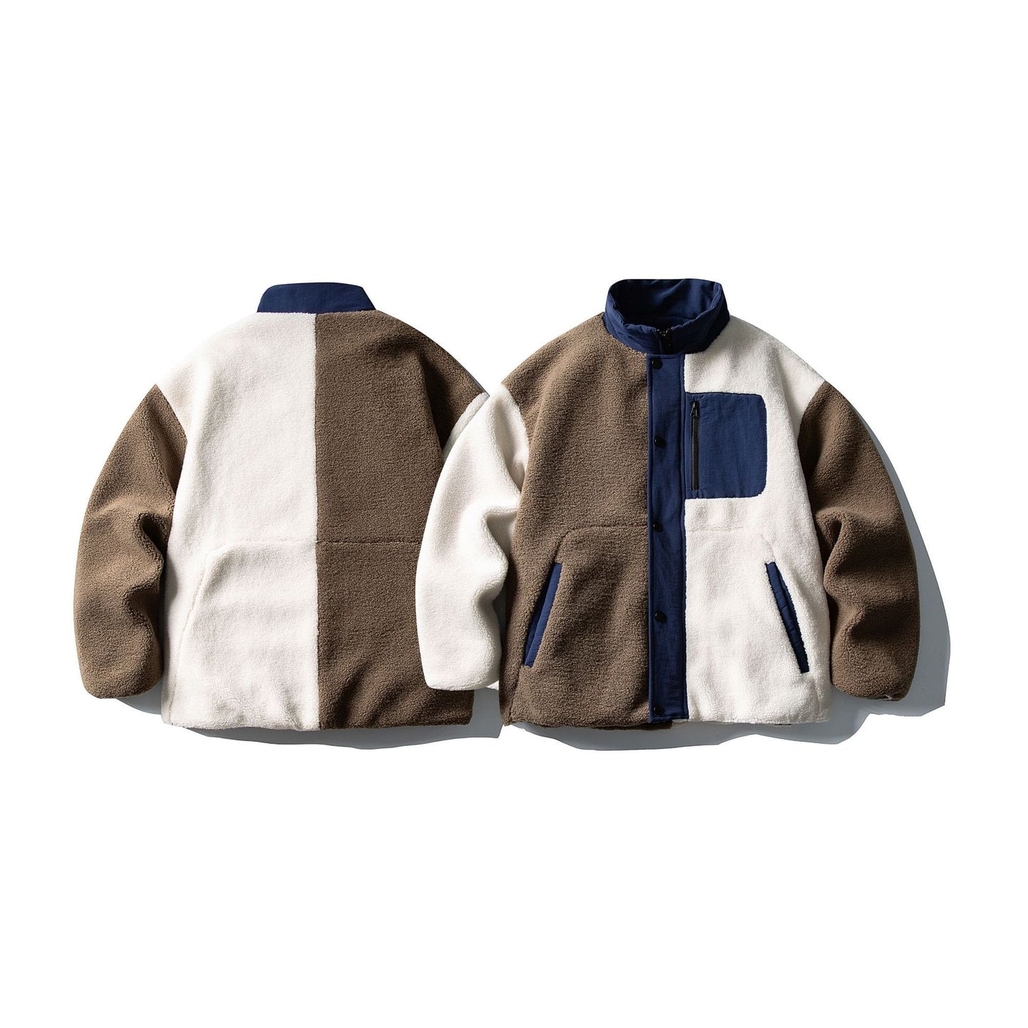 Standing Collar Color-Block Sherpa Cotton Jacket