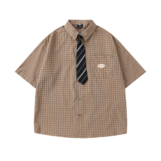 Retro Plaid Tie Collar Short Sleeve Shirt - Unisex