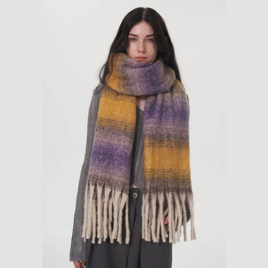 Gradient Color Block Cashmere Scarf with Tassels