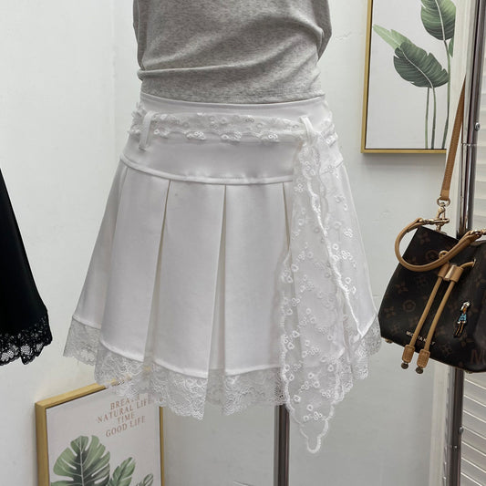 Solid Color Pleated Skirt with Lace Belt for Women