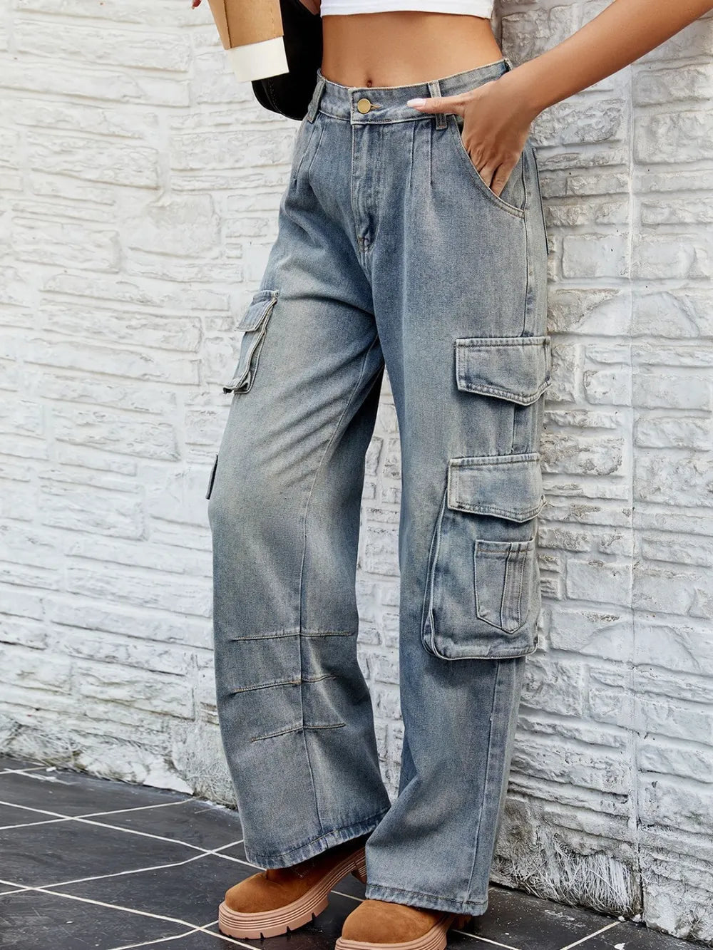 Washed Denim Jeans with Pockets - Harajuku Style
