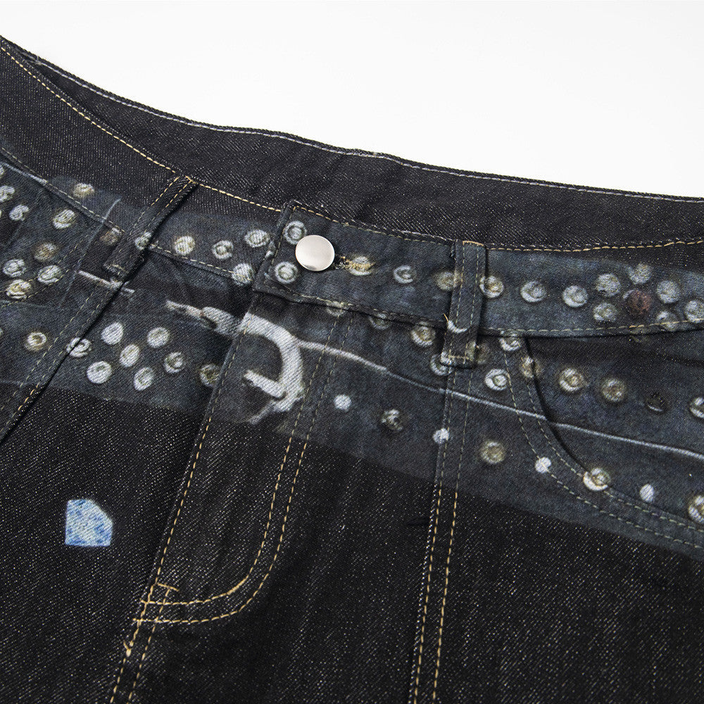 Harajuku Style Denim Rivet Design Shorts for Men