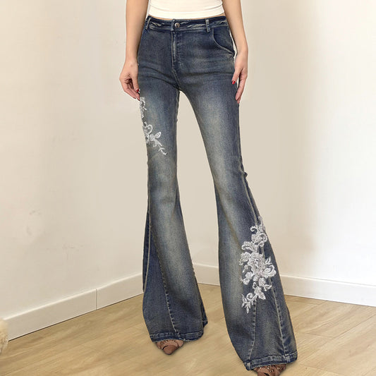 Floral Embroidery Low Waist Flare Jeans for Women
