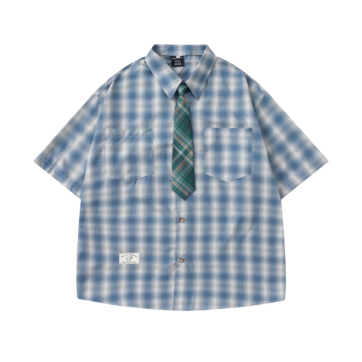 Retro Plaid Collar Tie Short Sleeve Shirt