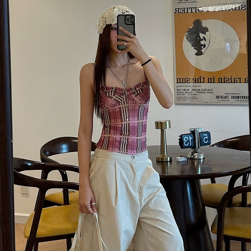 Playful Pink Lace Stripe Plaid Crop Top for Women