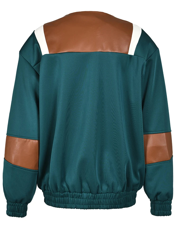 Color-Block Loose Fit PU Leather Jacket for Women