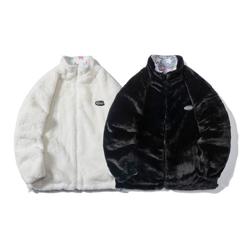 Reversible Fluffy Coat - Vintage Harajuku Streetwear