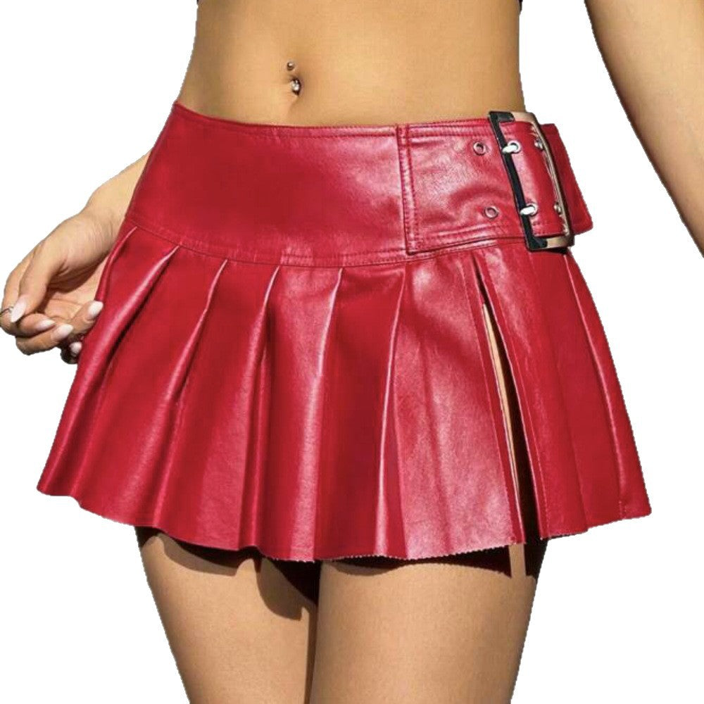 Waist-Cinching Slimming PU Leather Pleated A-Line Skirt