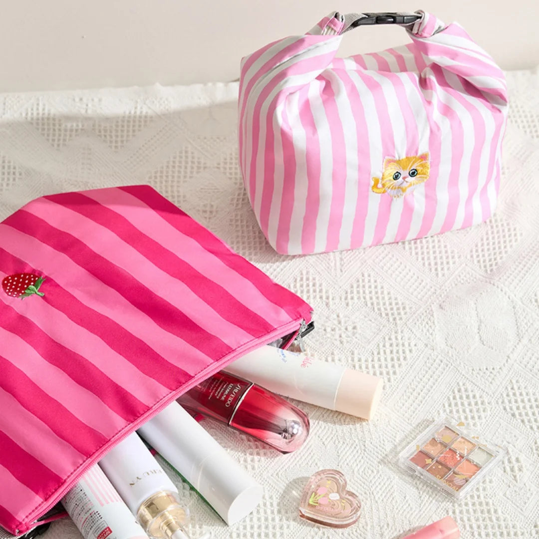 Pink Striped Strawberry Cat Insulated Lunch Bag