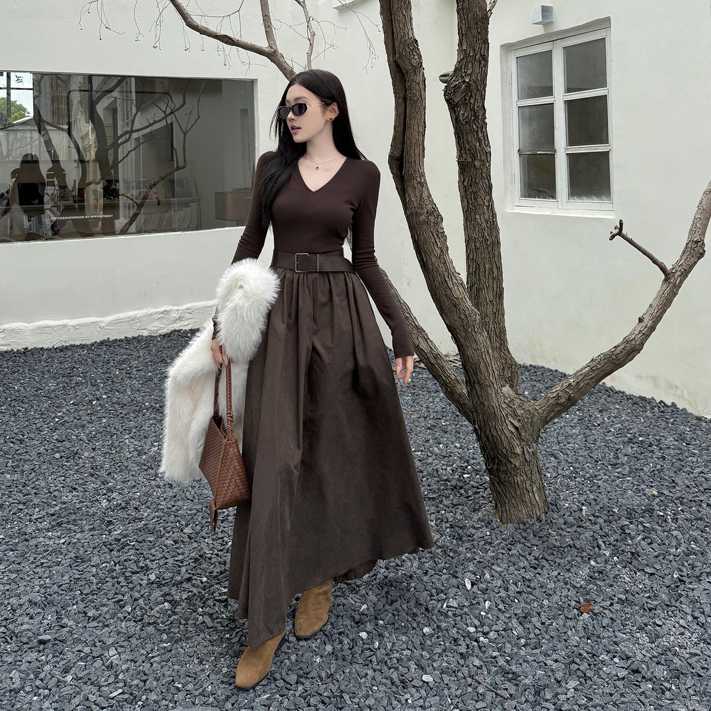 V-neck Long Sleeve Dress with Wide Waistband