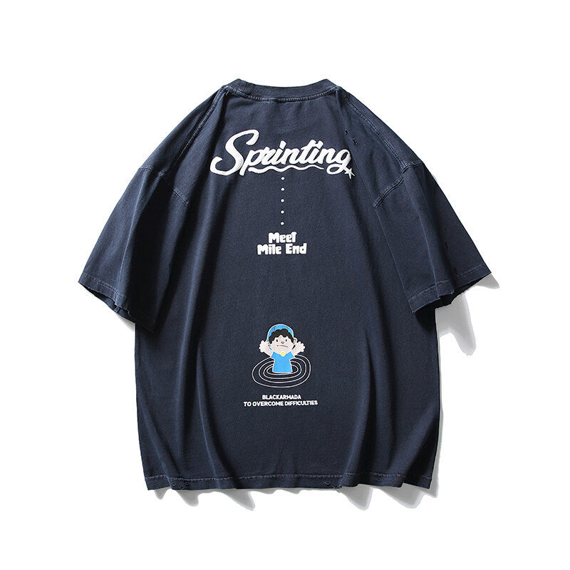 Playful Pattern Embroidered Water Washed Short Sleeve Tee