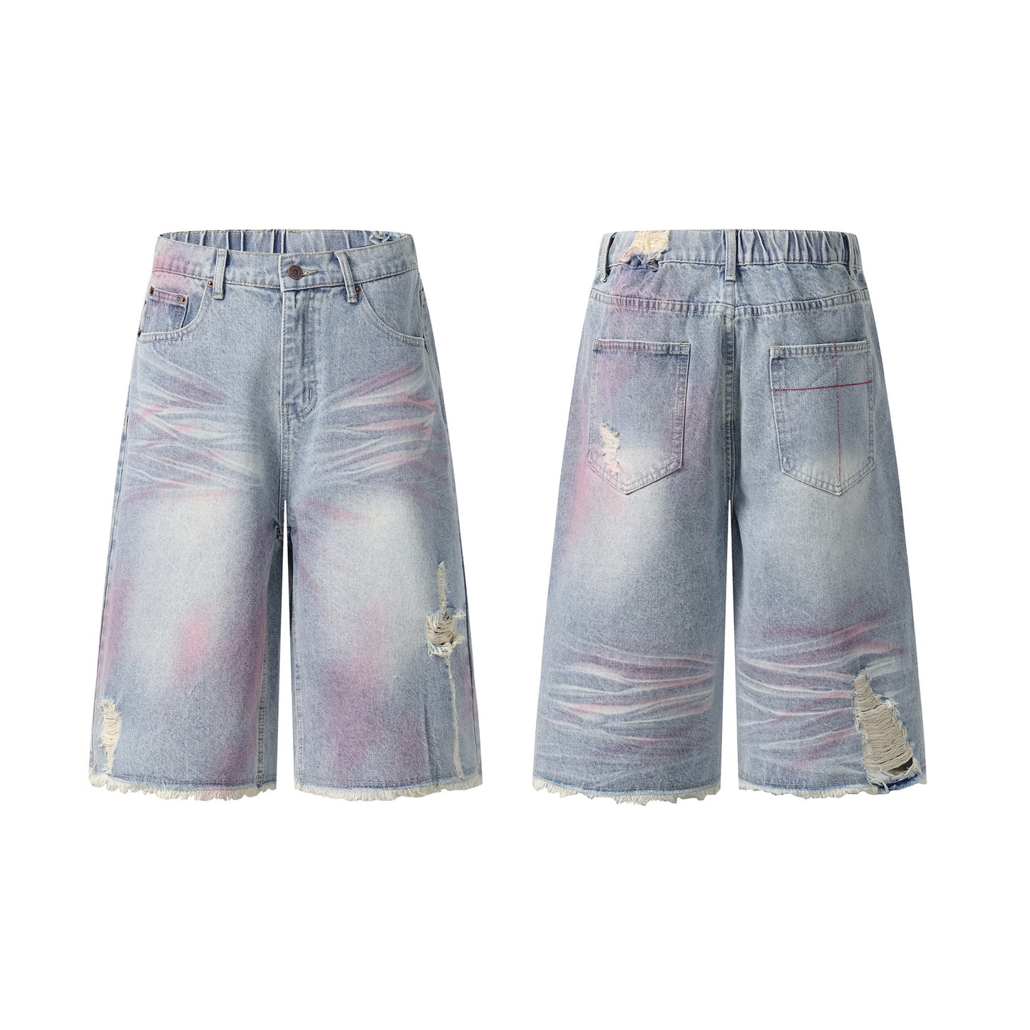 Distressed Washed Unique Design Seven-Quarter Denim Shorts