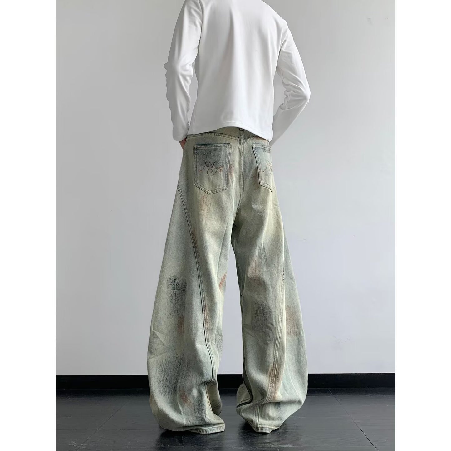 Deconstructed Curved Knife Denim Wide Leg Pants