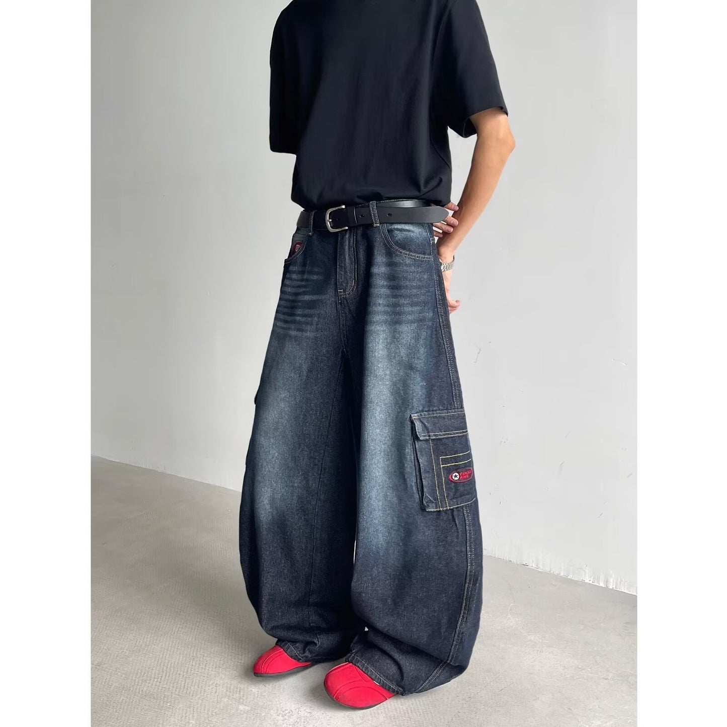 Washed Multi-Pocket Denim Wide Leg Pants