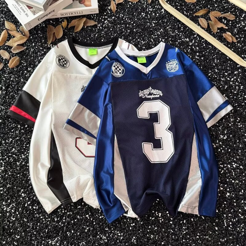 Retro Patchwork V-Neck Ice Hockey T-Shirt