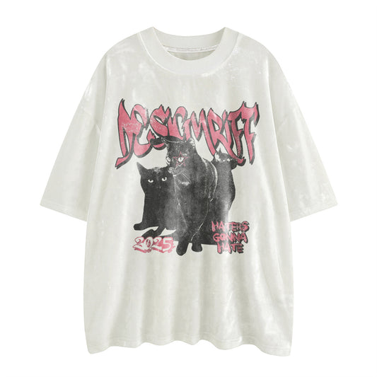 Trendy Cat Print Velvet T-Shirt - Unisex Oversized Style