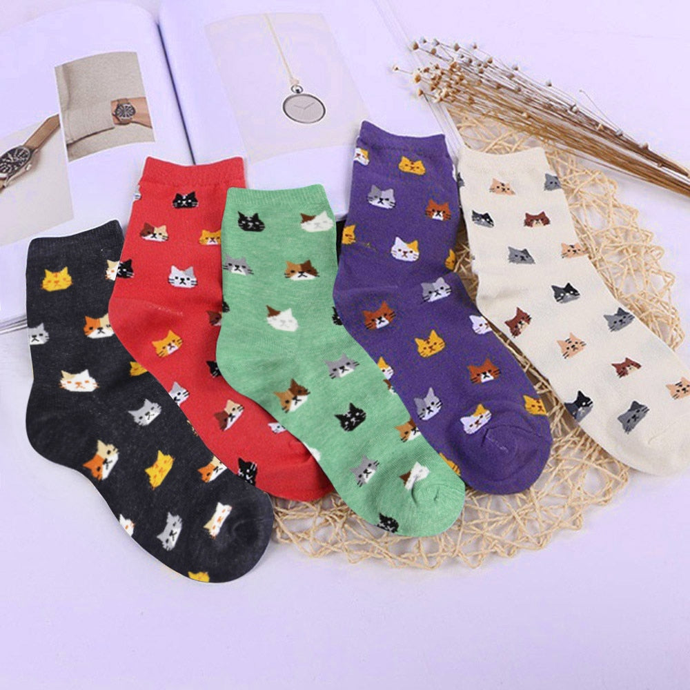 Kawaii Cartoon Cat Print Socks - Cute Cotton Socks for Women