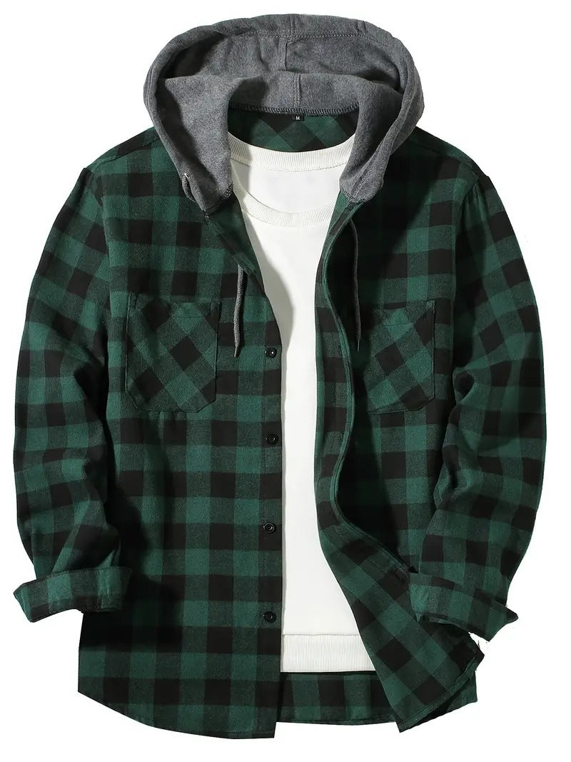 Harajuku Style Plaid Grid Hooded Shirt for Men