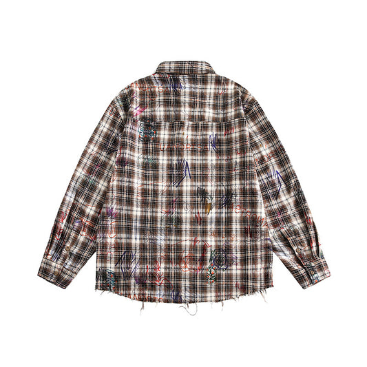 Harajuku Watercolor Graffiti Plaid Long Sleeved Shirt