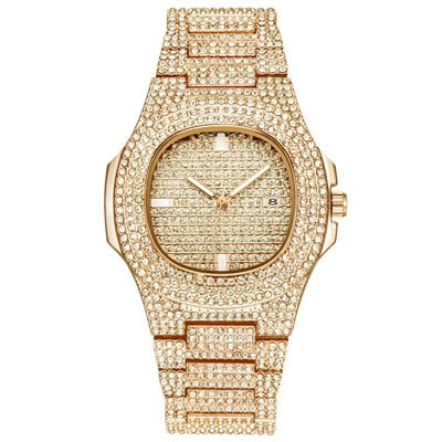 Luxury Diamond Men's Quartz Watch - Gold Stainless Steel
