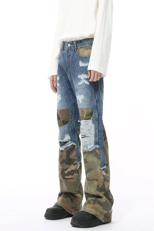 Distressed Camouflage Patchwork Jeans - Harajuku Style