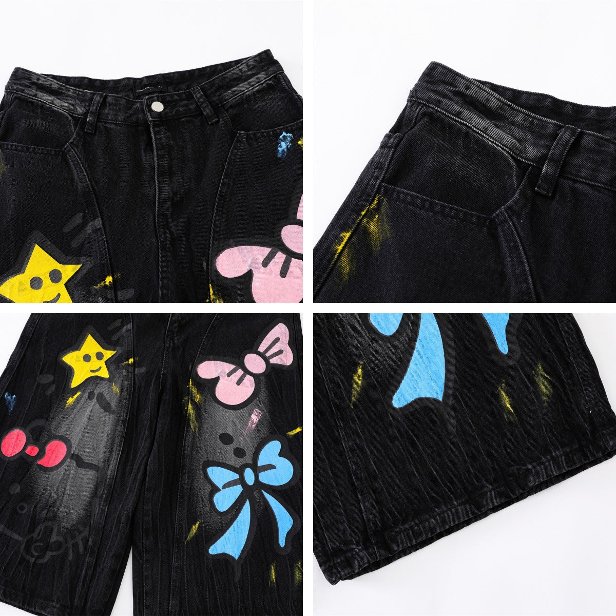 Fun Hand-Painted TK Cat Denim Pants