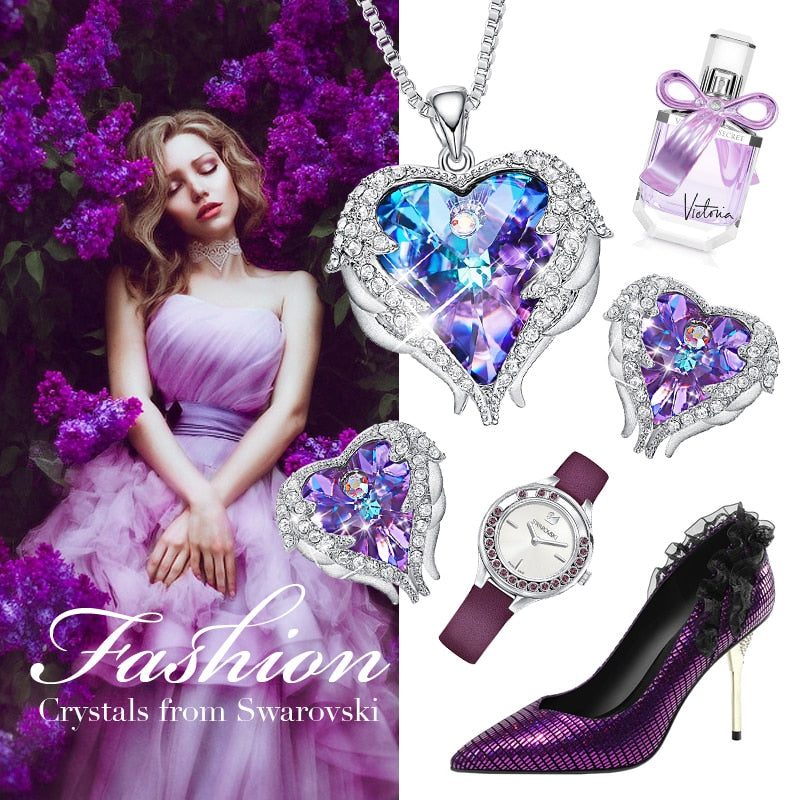 Swarovski Angel Wings Jewelry Set - Purple Blue Heart Pendant