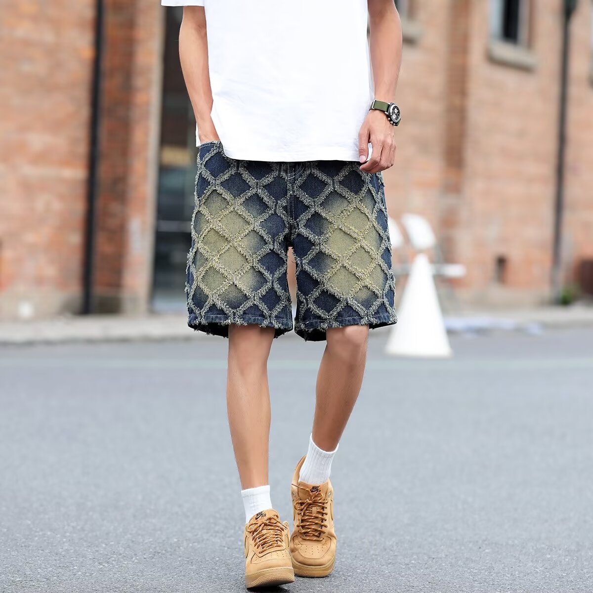 Wide Leg Washed Jacquard Loose Denim Shorts for Men