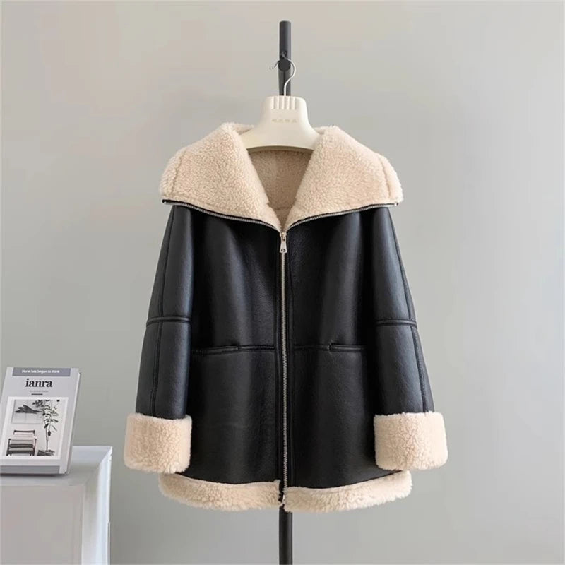 Playful Cashmere Collar Leather Jacket for Women