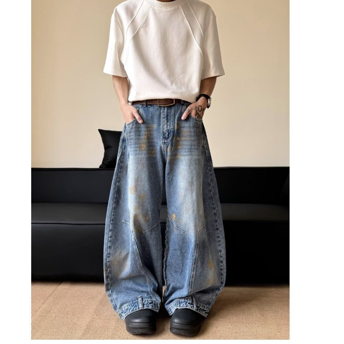 Summer Washed Ink Splashed Wide Leg Pants