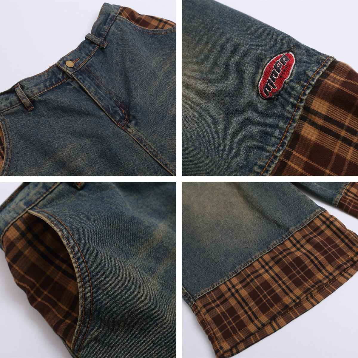 Retro Washed Patchwork Three-Quarter Pants