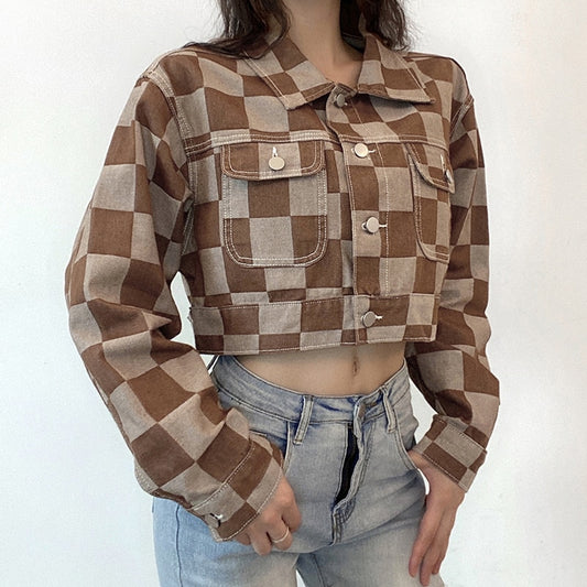 Vintage Brown Plaid Denim Jacket for Women