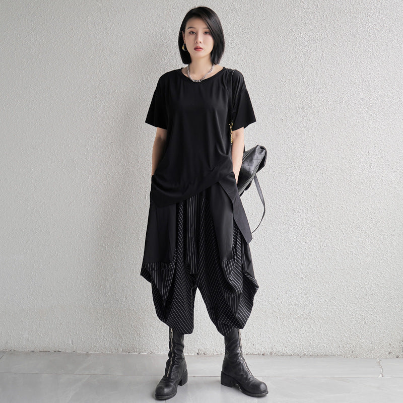 Harajuku Style Striped Patchwork Wide Leg Cropped Pants