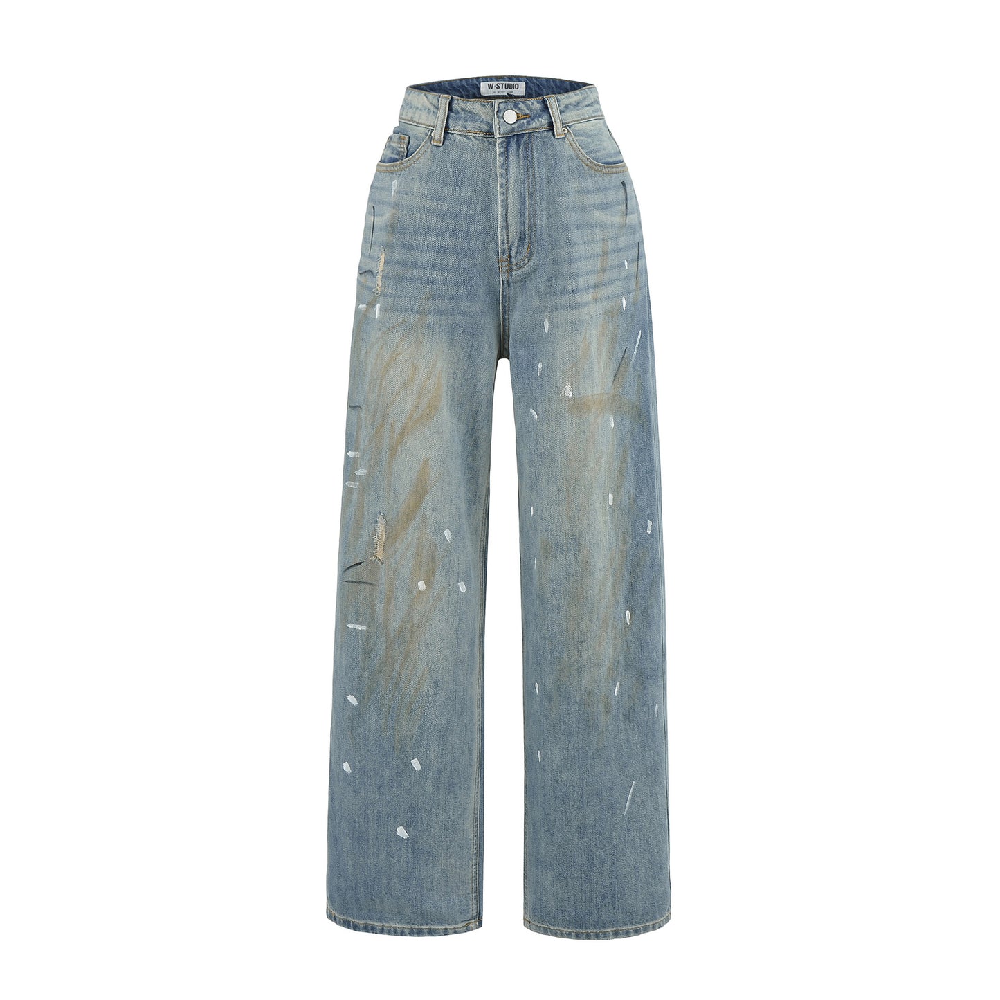 High-Waisted Distressed Wide-Leg Denim Trousers