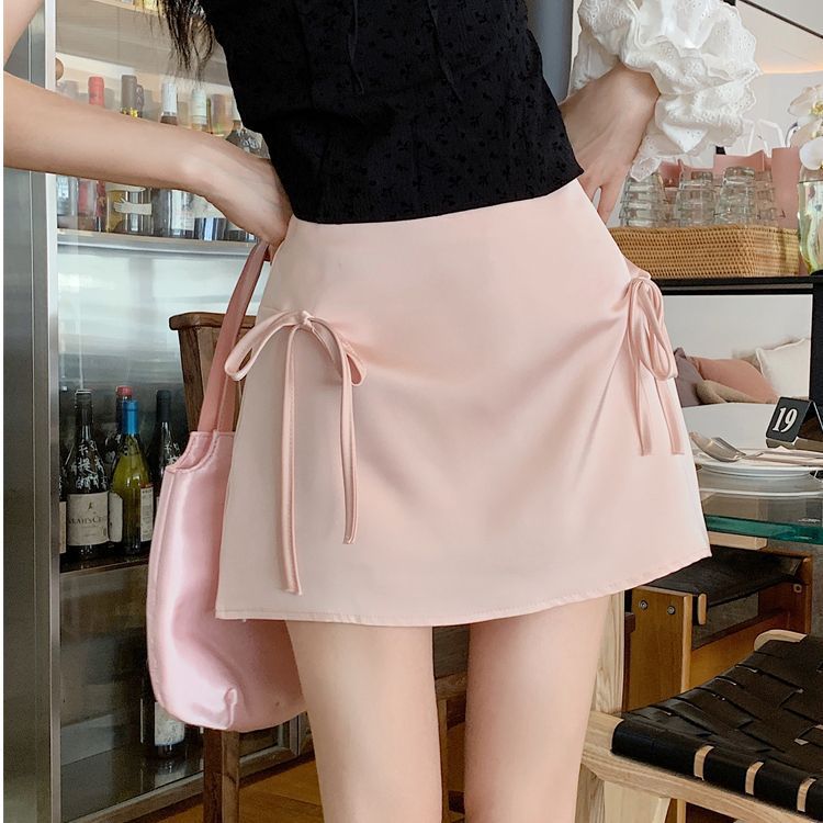 Sexy Style Satin Belted High-Waisted Skirt for Women with Bowknot Bodycon Mini Design