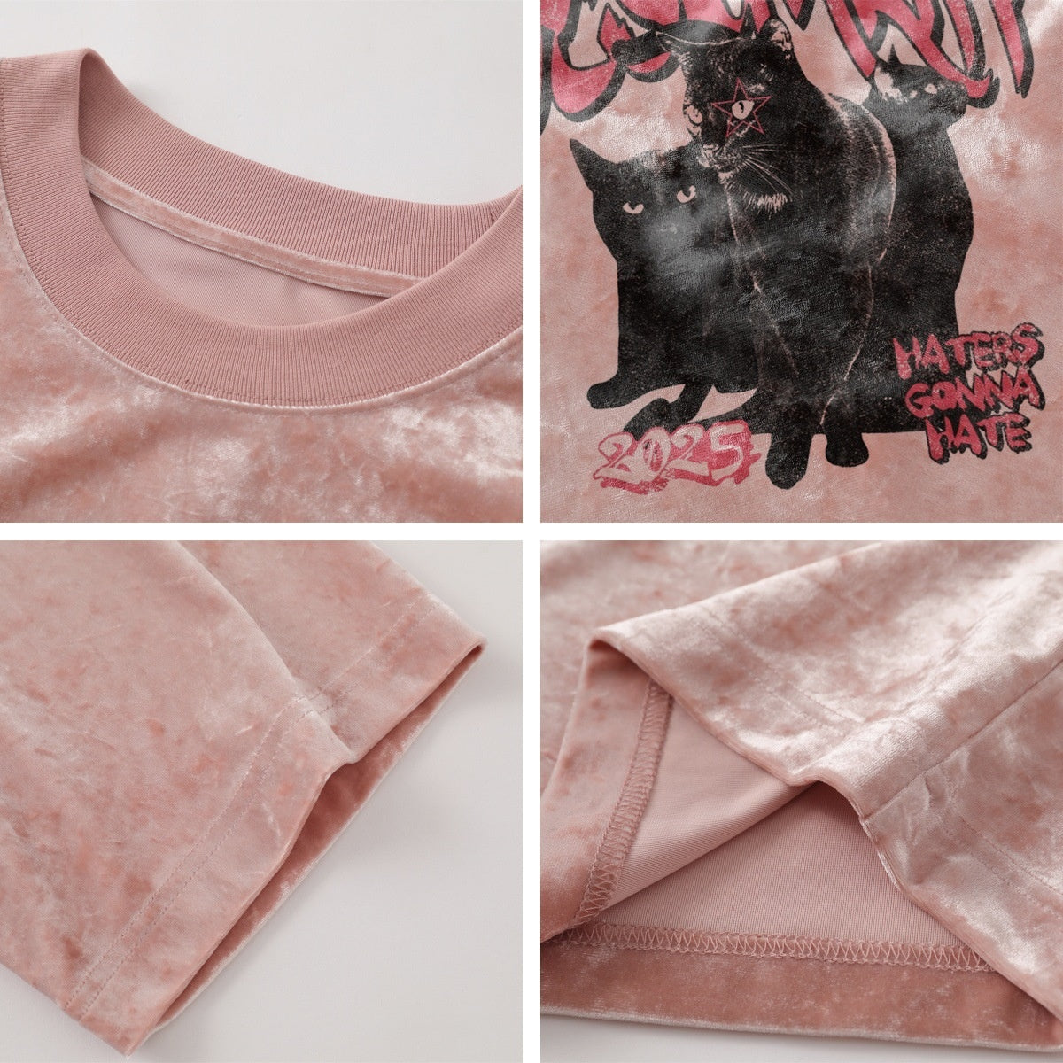 Trendy Cat Print Velvet T-Shirt - Unisex Oversized Style