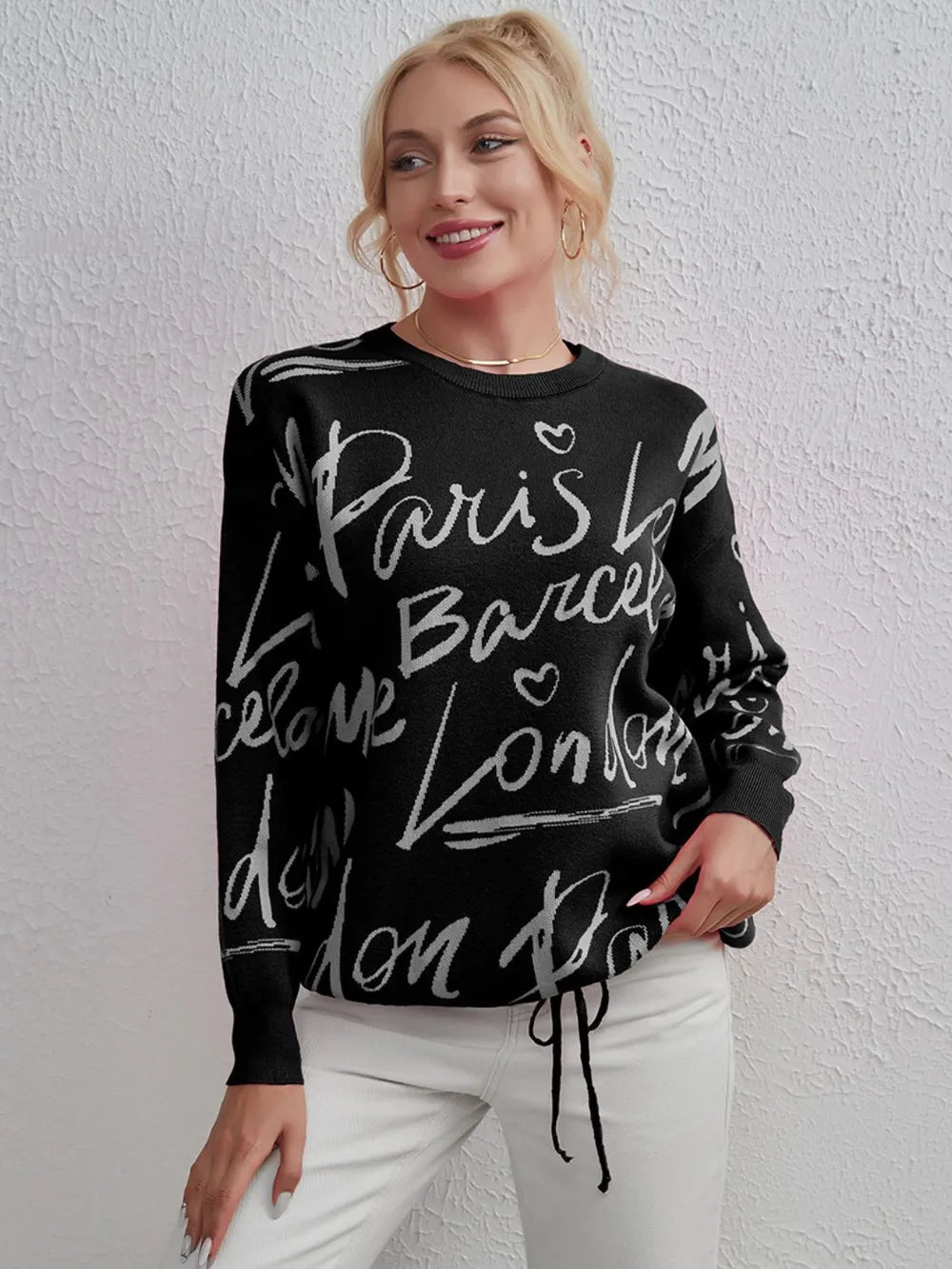 Drawstring Hem Letter Pattern Sweater