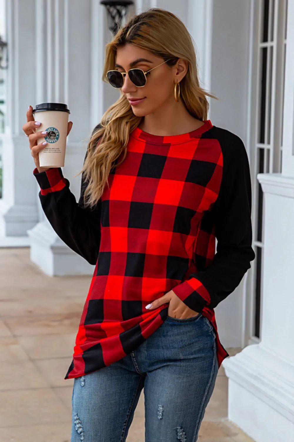 Harajuku Plaid Round Neck Long Sleeve T-Shirt