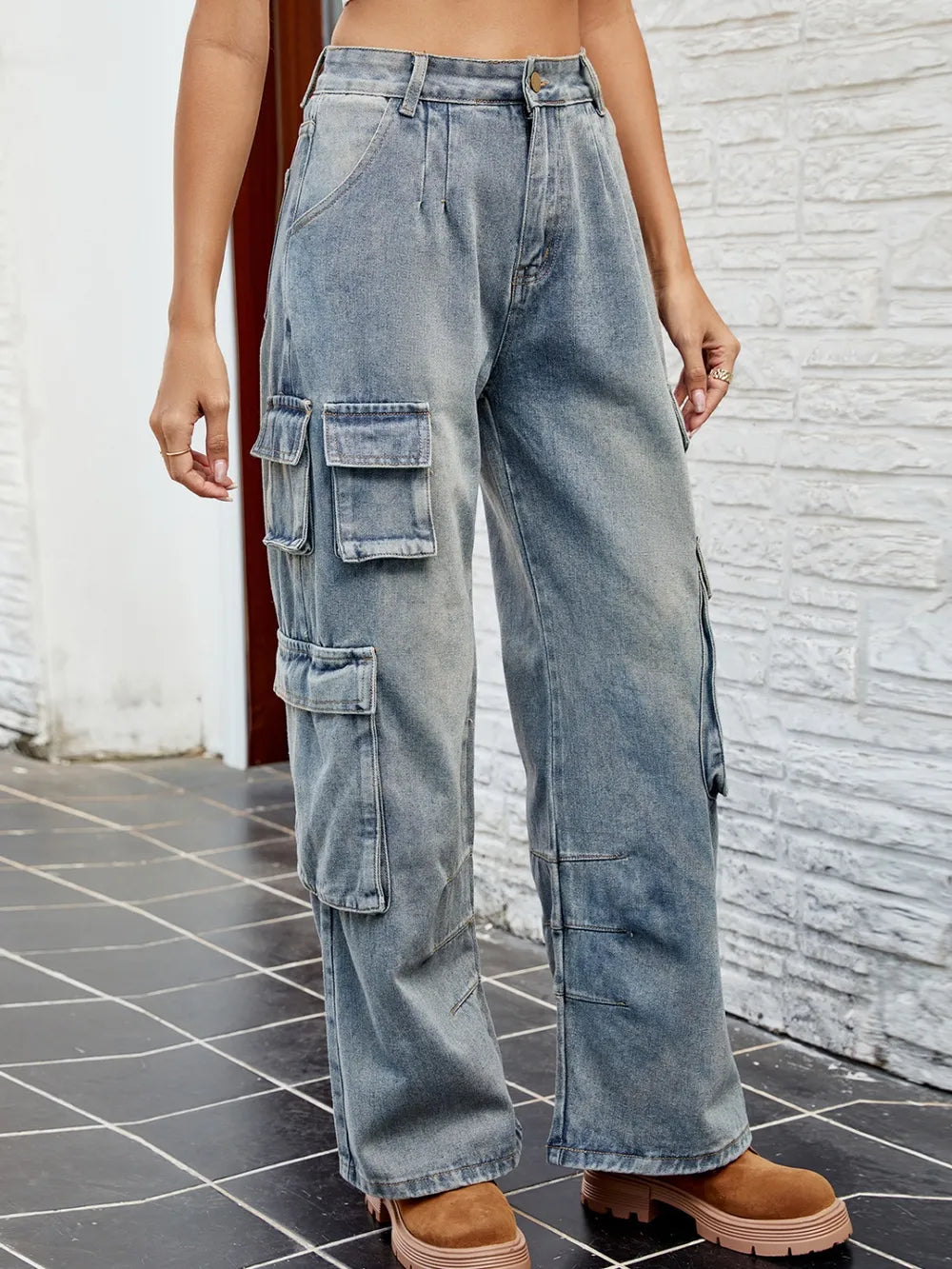 Washed Denim Jeans with Pockets - Harajuku Style