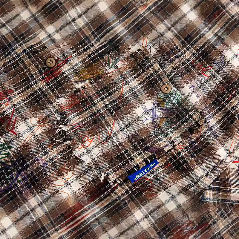 Harajuku Watercolor Graffiti Plaid Long Sleeved Shirt