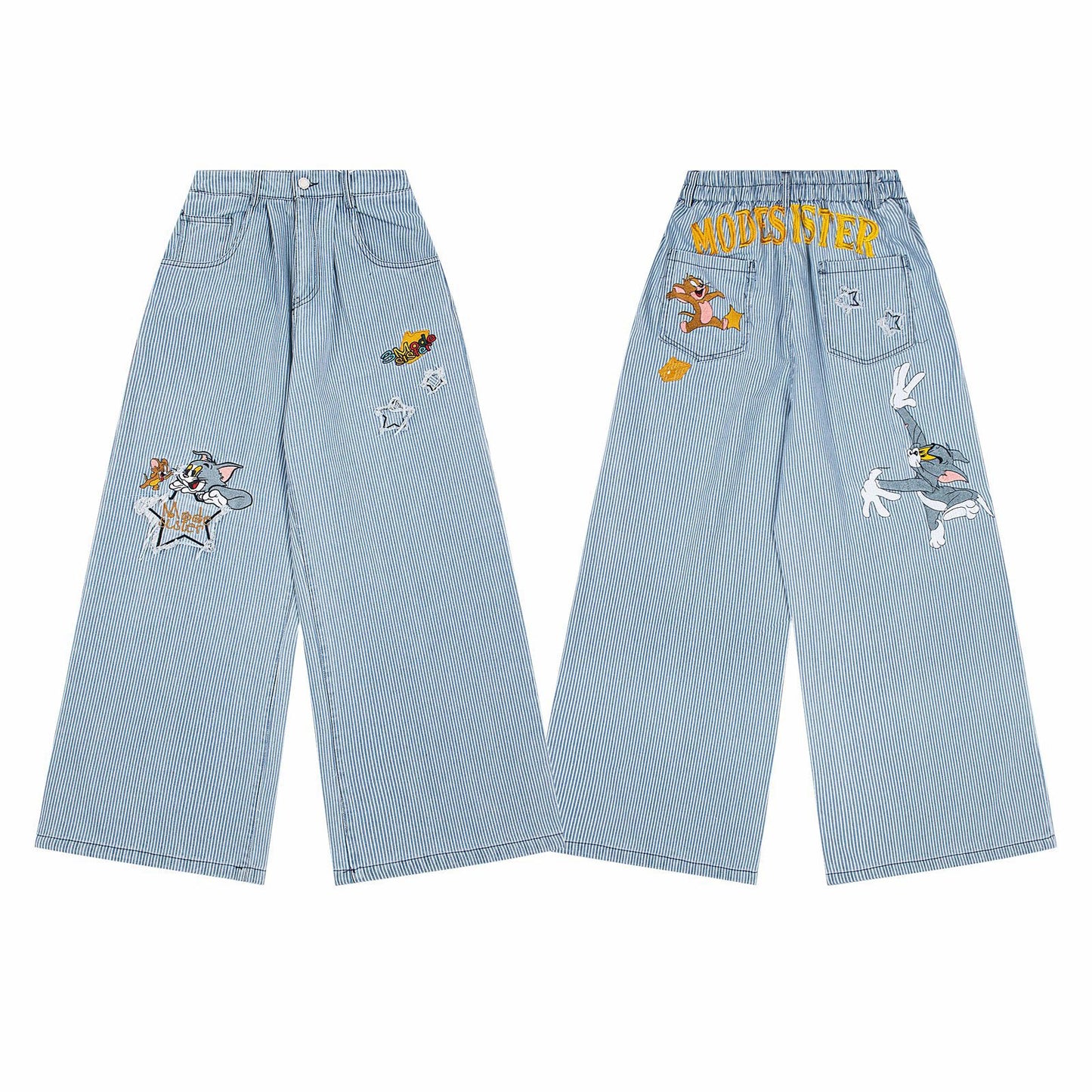 Playful Striped Embroidered Straight Leg Jeans