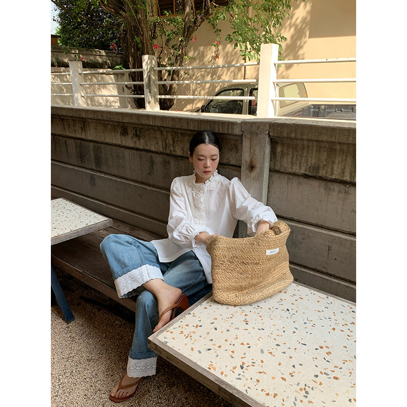 Lace Curled Edge Wide Leg Straight Leg Jeans for Women