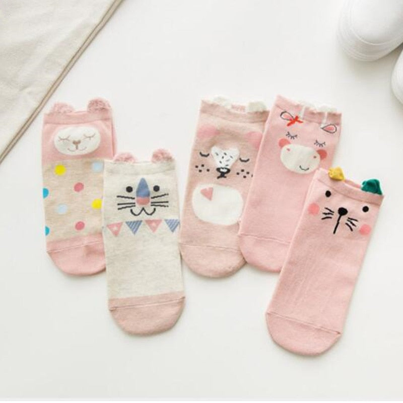Cute Cat Ankle Socks - Pink Harajuku Style (5 Pairs)