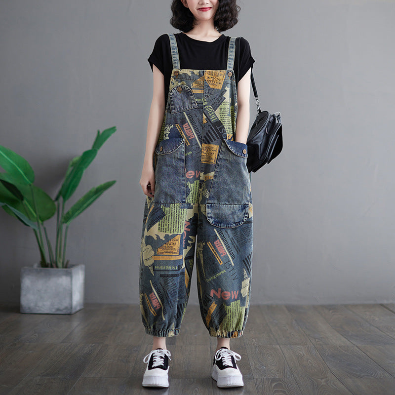 Artistic Retro Printed Denim Overalls for Women