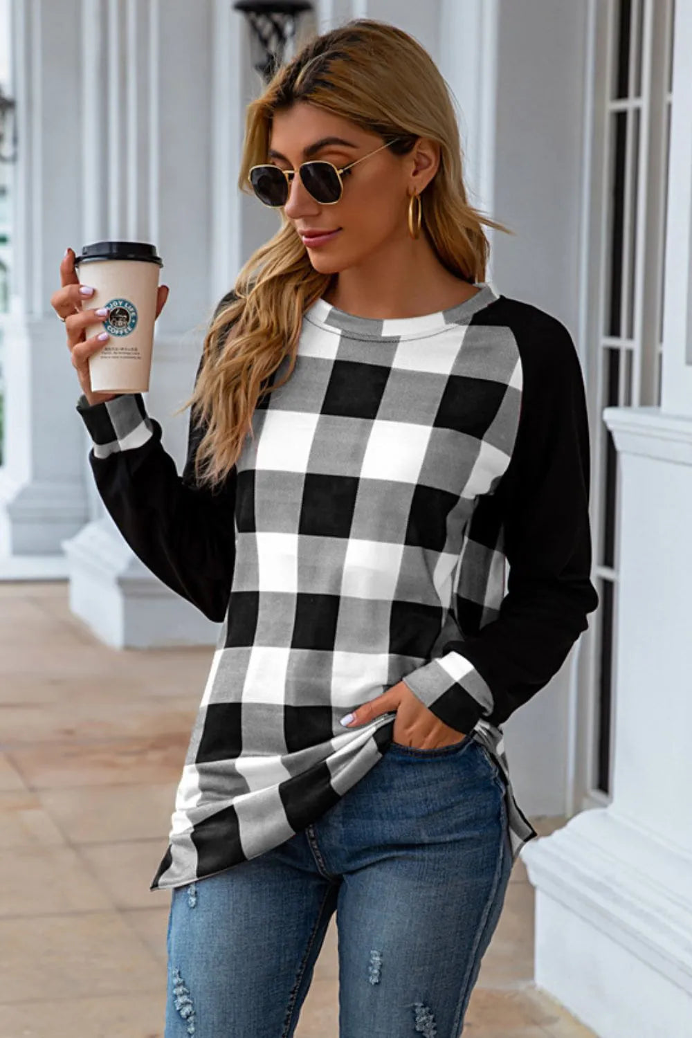 Harajuku Plaid Round Neck Long Sleeve T-Shirt
